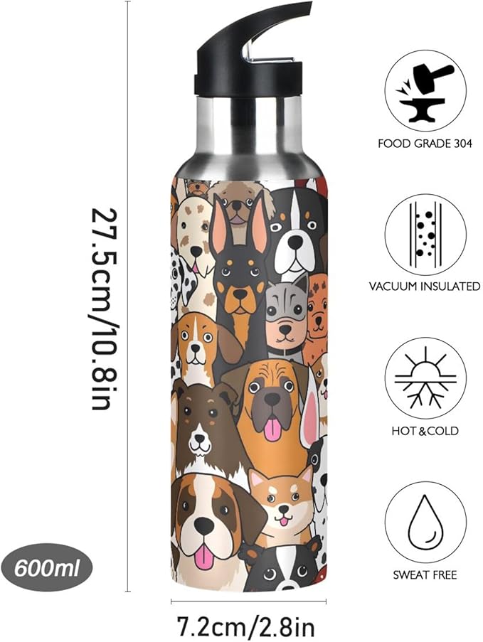 Cute Dog Animal Water Bottle with Straw Lid Kids Insulated Stainless Steel Water Flask Sports, 20 Oz Hot Cold