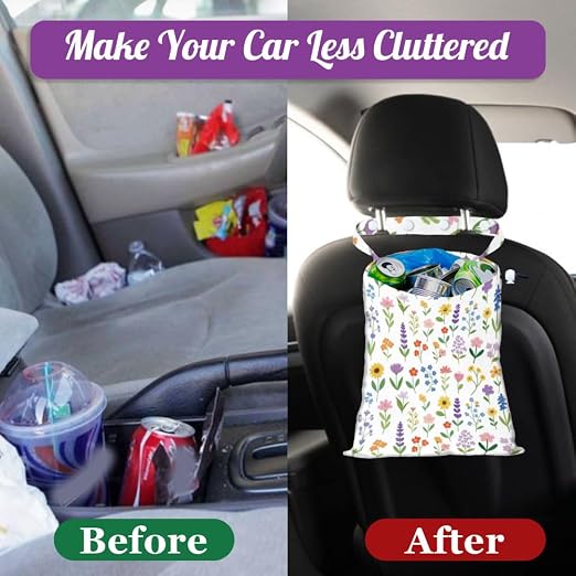 Flower Branches Strap Drawstring Car Trash Bag Hanging Garbage Bag with Snap Buttons Car Back Seat Trash Storage Portable Dustbin Vehicle Trash Can Bag for Vehicle Travel Camping