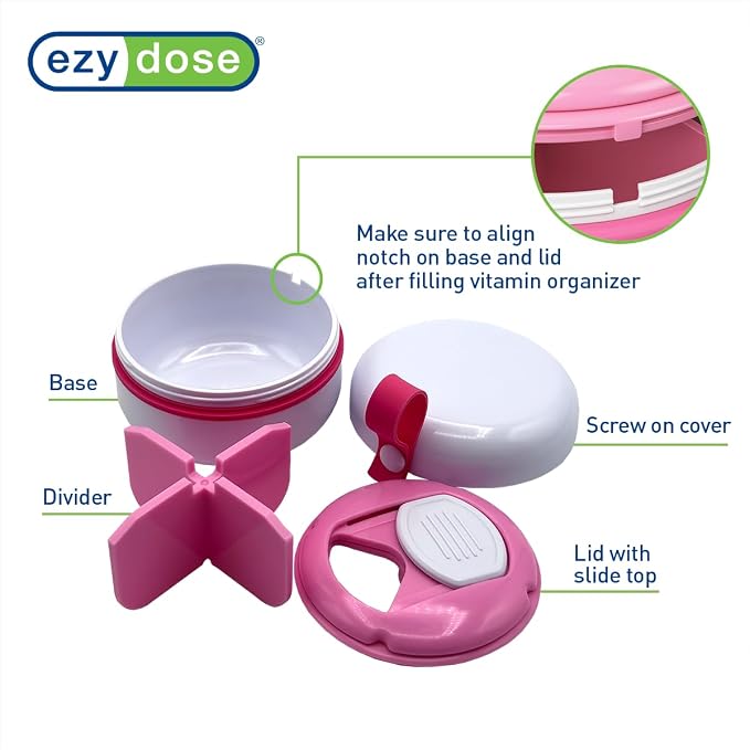 Ezy Dose Mini Vitamin Organizer, Multi Compartments, White & Pink, Small | Portable and Compact Design, Easy Access Sliding Pill Dispenser, Supplement Organizer with Anti-Mix Design, Travel Friendly