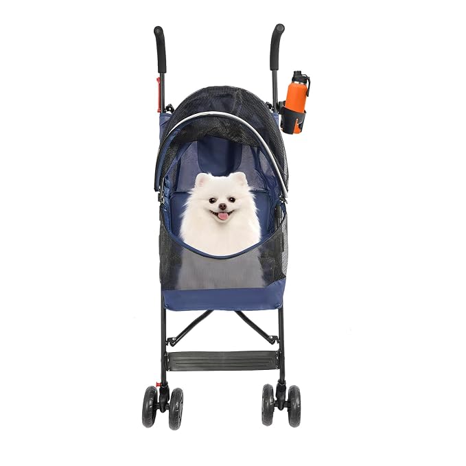 4 Wheels Pet Stroller with Waterproof Cover | Easy-Fold Travel Carrier | Pet Strolling Cart for Small/Medium Dogs and Cat | with Storage Pocket, Cup Holder & Breathable Mesh | for All-Season (Blue)