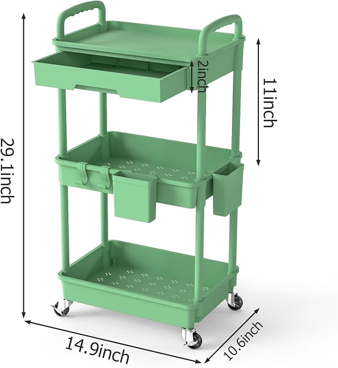 3 Tier Rolling Utility Cart with Drawer, Plastic Storage Organizer Rolling Carts with Wheels Handles Hanging Cups Hooks for Office, Bathroom, Kitchen,Craft Art Room (Green)