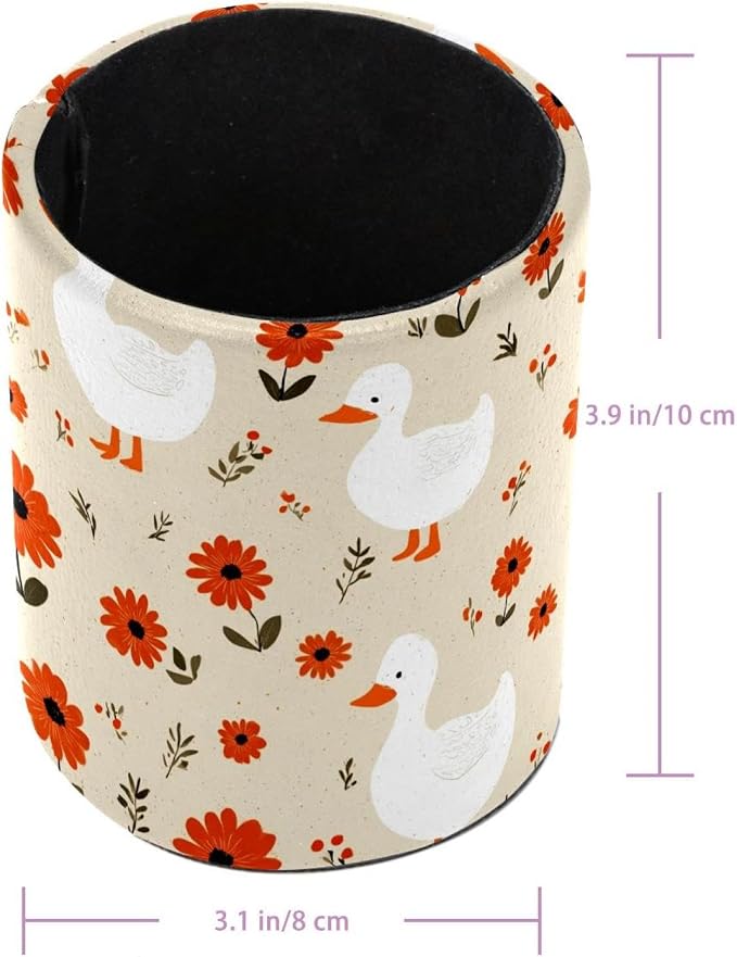 Faux Leather Pen Holder for Desk, Pencil Organizer Geese and Daisies Pen Cup Desk Decor Makeup Brush Holder Storage for Office Home