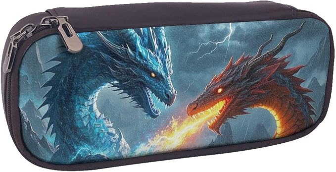 Leather Pen Case with Zipper - Aesthetic Pen Holder Ice Dragon and Fire Dragon Pencil Case for Women & Men - Handcrafted Pencil Bag Multi-Functional Travel Cosmetic Case for Work Office Tool Pouch