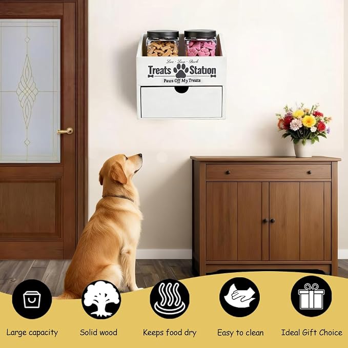 Pet Food Storage Container with Drawer, Wooden Dog Treat Container | White Pet Food Storage with 2 Plastic Dog Treat Jars for Dog and Cat, Dual Desk & Wall Mount Design
