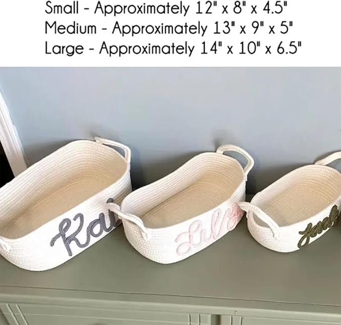 Personalized Cute Small Woven Basket with Handles, Custom Cotton Rope Room Shelf Storage Basket, Empty Decorative Gift Basket, Decorative Round Bin for Nursery Bedroom Bathroom (Style B)