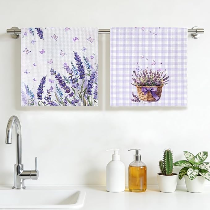 Lavender Purple Flower Kitchen Towels, Quick Dry Multipurpose Waffle Weave Hand Towels for Bathroom, Absorbent Reusable Cloth Tea Dish Towels for Home Decor, Lavender Lover Gift Towel Set of 2