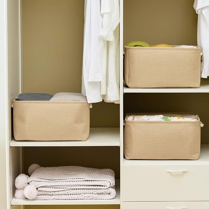Organization and Storage Bin for Shelves - Large 3 Pack 16x12x8 inch Storage Basket for Organizing, Canves Storage Cubes for Organizer Toy Closet Cloth Gift (Beige)