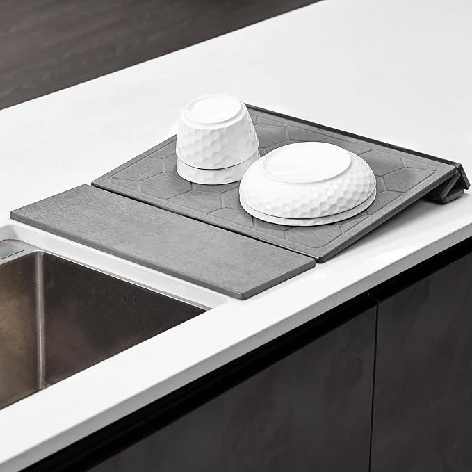 3-in-1 Collapsible Stone Dish Drying Mat for Kitchen Counter | Foldable Water Absorbing Diatomaceous Earth Drying Organizer Pad for Plate Rack Bottles Utensils (Gray - Hex Pattern, 24‘"x16")