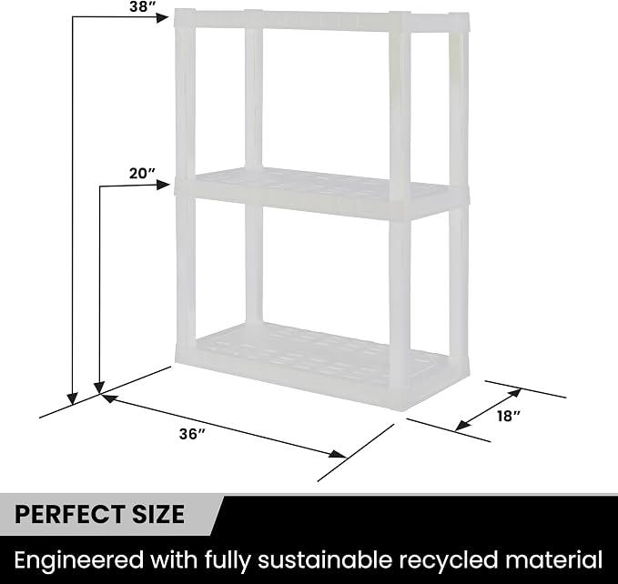 Oskar Heavy Duty Plastic Storage Shelves- for Garage, Kitchen, Bathroom Basement Kids Room, Stackable 3-Tier White, Organizer Rack for Books Shoes, Toys, Pantry, Cleaning and Closet Organization