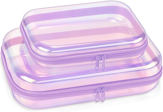 Clear Hard Shell Organizer Cases, 2 Pack | Iridescent PET shell with water-resistant, scratch-resistant surface for travel, toiletries, electronics and daily essentials