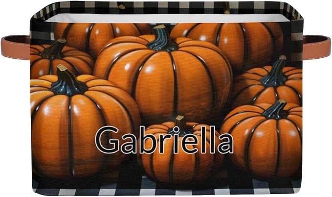 Personalized Storage Bins for Boys, Customized Name Orange Pumpkins Black White Plaid Storage Basket Rectangle Clothes Organizer for Organizing Kids and Pets Toys Shelf Closet