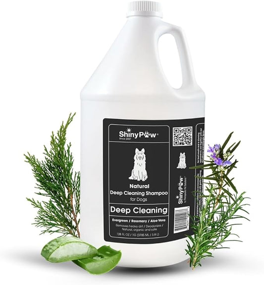 Shiny Paw Natural Deep Cleaning Organic Dog Shampoo 128 oz | Dog Itching Skin Relief with Evergreen, Aloe & Rosemary | Natural Dog Shampoo for Smelly Dogs