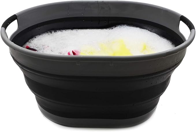 SAMMART 25L(6.6 Gallon) Collapsible Oval Laundry Basket-Foldable Storage Container/Organizer-Portable Washing Tub-Space Saving Hamper-Pet Bath Tub,Water Capacity 20L(5.28 Gallon) (Grey/Black)