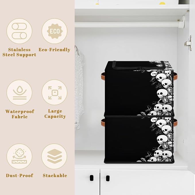 Skeleton Storage Bins With Zipper Lid, Collapsible Trunk Organizer, Car Organizers and Storage Bins with Lids, Halloween Decorative Storage Boxes with Handle, Home Storage Baskets for Organizing