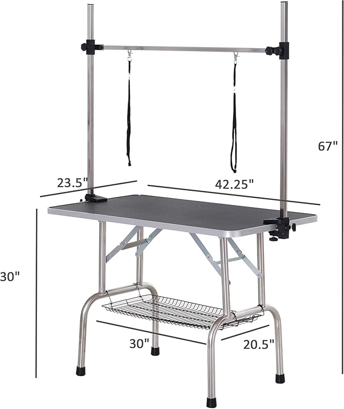 Pet Dog Grooming Table, Foldable Stainless Steel Pet Drying Grooming Table Up to 330lbs, Professional Bathing Desk for Dogs at Home with Adjustable Overhead Arms, Noose, Mesh Tray, 42''/Black