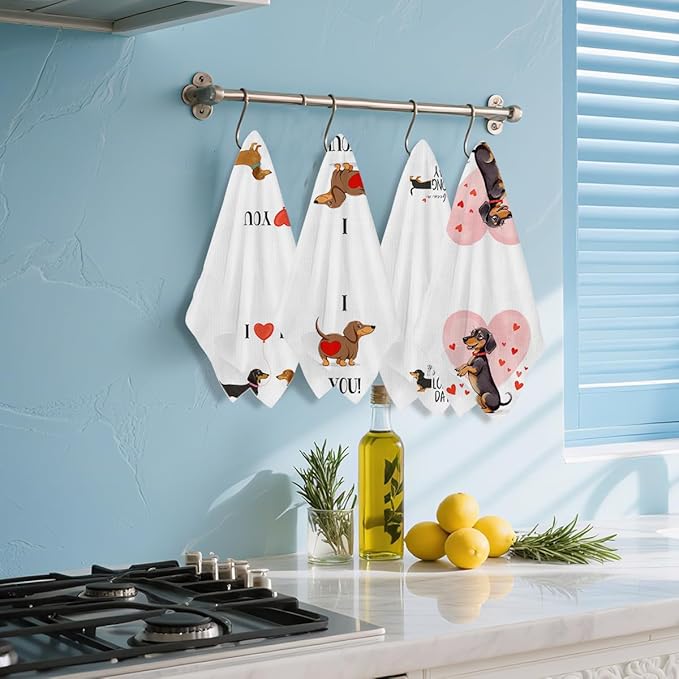4 Pcs Dachshund Kitchen Towels 24x14 Inch, Dachshund Gifts Reusable Dish Towels for Kitchen Bathroom Decor, Waffle Weave I Love You Hand Cloth Tea Towel, Cute Dog Valentine's Gifts for Girlfriend Wife