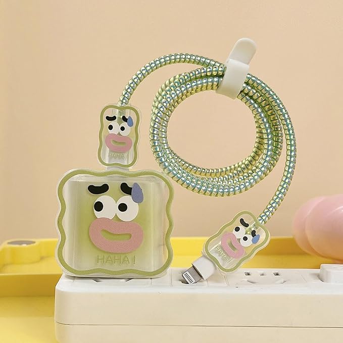 ZOSTLAND 5 in 1 DIY 18W 20W Heart Shape Protector Data Cable USB Charger Line Earphone Wire Saver Organizer Compatible with iPhone 11 12 13 14 15 Pro Max (Funny Green)