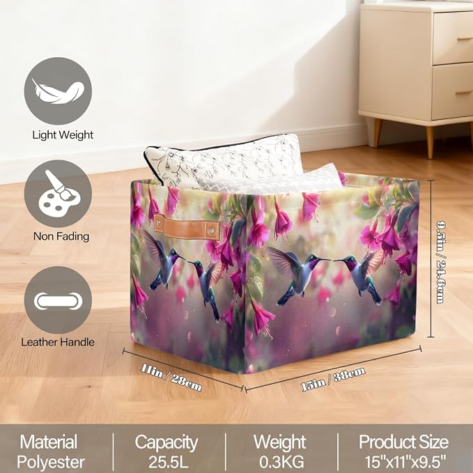 Pardick Storage Baskets Bin, Spring Hummingbird Flower Collapsible Canvas Fabric Storage Bin Decorative Baskets Toy Organizer Rectangle Storage Boxes with handles for Home Shelves Nursery,Q-3