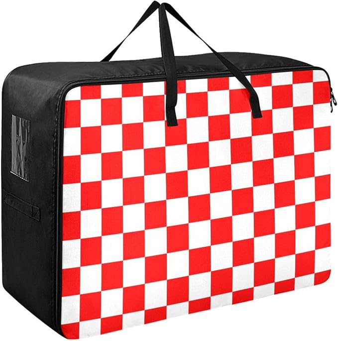Comforter Storage Bags Large Folding Blanket Organizer Bag with Strong Handles Clear Window Closet Storage Containers for Clothes King Queen Pillows Bedding Quilt Duvet Checkered Red and White