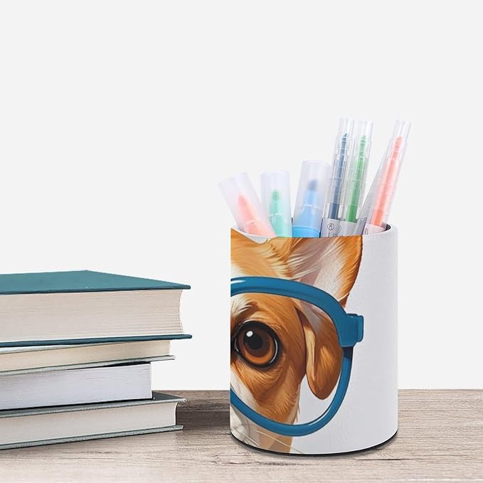 Pet Dog Soft Bow Tie, Oversized Glasses Pen Holder for Office, Circular PU Leather Pencil Cup for Home, Makeup Brush Storage Organizer, Pencil Case, Multifunctional Pen Box for Desktop