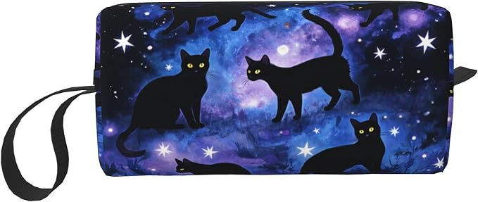 Black Cats Galaxy Stars Makeup Bag for Women with Wrist Strap | Durable 600D Oxford Fabric Cosmetic Organizer,Compact Travel Pouch with Handle for Gym & Daily Use