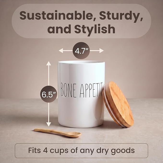 Arthausen Bone Appetite Dog Treats Ceramic Storage Jar Canister - Airtight Bamboo Lid w/Silicone Seal, Spoon - Modern Abstract Art Design for Kitchen Counter or Bathroom - 4 cup / 1080mL