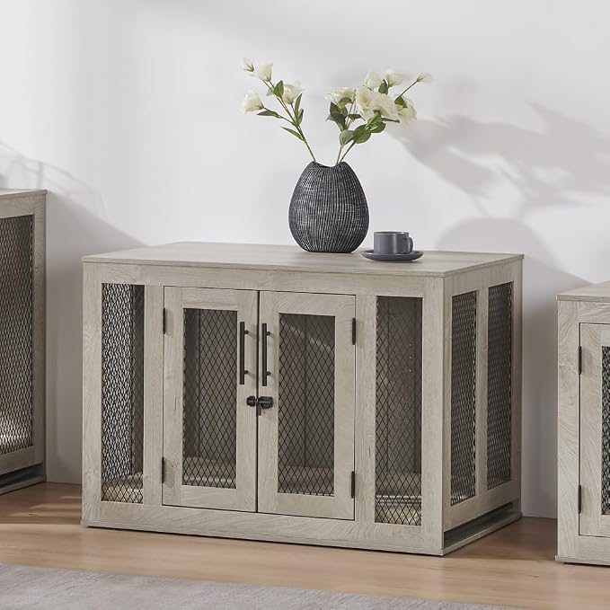 unipaws 37 Inch Furniture Style Dog Crate with Cushion and Tray | Mesh Dog Kennels with Double Doors, End Table Dog House, Medium Crate Indoor Use