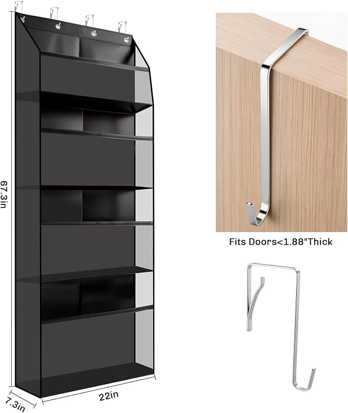 Thickened Plush Toy Storage Rack, Four-Tier Extra-Large Door Back-Hanging Shelf, Oxford Cloth + Transparent Window, for hanging plush toys, also suitable for storing diapers and baby supplies, Black
