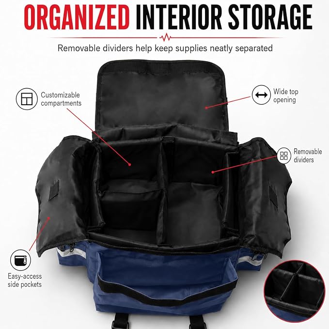 NOVAMEDIC NM-RO63P Professional First Responder Bag, 17” x 9” x 7” Empty EMT Trauma Kit Carrier with Removable Dividers, Reflective Strips, Water-Resistant Base for Emergency Medical Supplies (Blue)