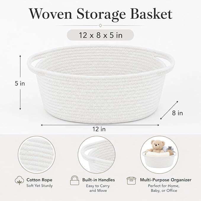 ABenkle Small Basket with Handles, Boho Decorative Rope Woven Dog Cat Toy Storage Bin Shelf Storage Organizer, Easter Christmas Gift Basket, 12"x8"x5", 2 Pack