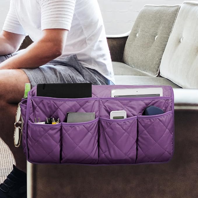 Sofa Armrest Organizer,Couch Remote Control Holder with 14 Pockets Waterproof Non Slip Recliner Organizer for TV Remotes Caddy, Book, Magazines, Ipad (Purple)