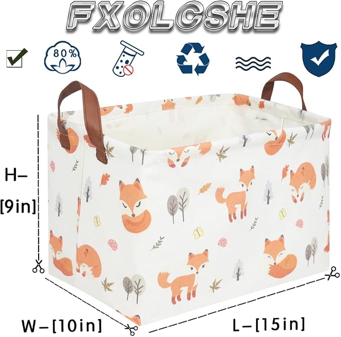 Rectangle Fox Basket,Collapsible canvas waterproof storage basket,Toy Organizer,Laundry Baskets for Kid Rooms,Baby Room decor,Toy Baskets,Woodland Nursery Decor(Fox)