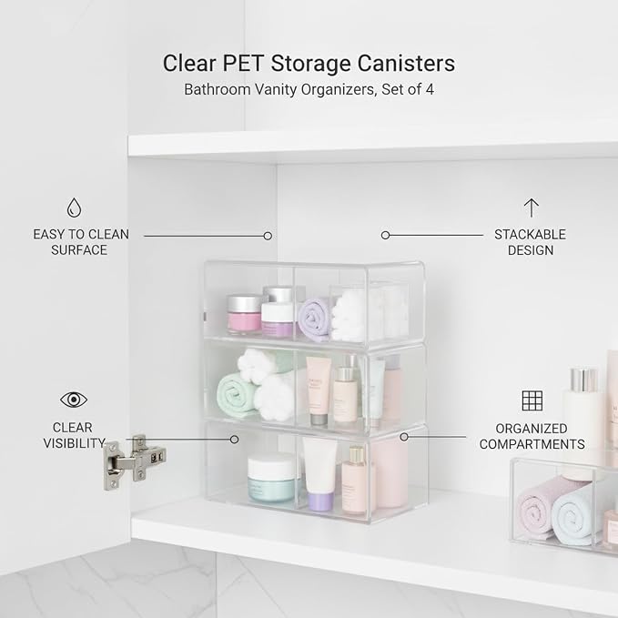 Clear PET Storage Canisters, Square Bathroom Vanity Organizers for Medicine Cabinet, Set of 4 (1 PC)