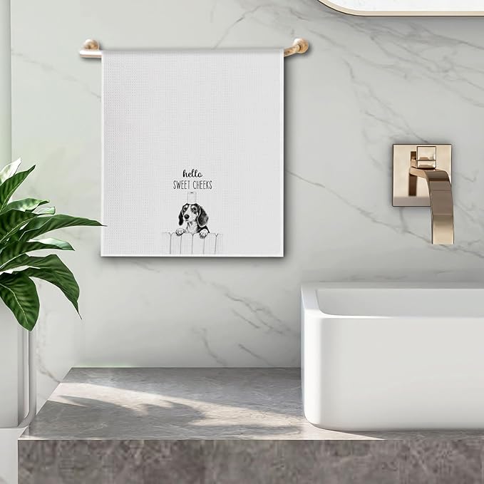 Farmhouse Funny Dachshund Dog Hand Towels, Hello Sweet Cheeks Bathroom Decor, Weiner Dog Lover Gifts Decorative Hand Towels for Bathroom Washroom Restroom, 16x24 Inch