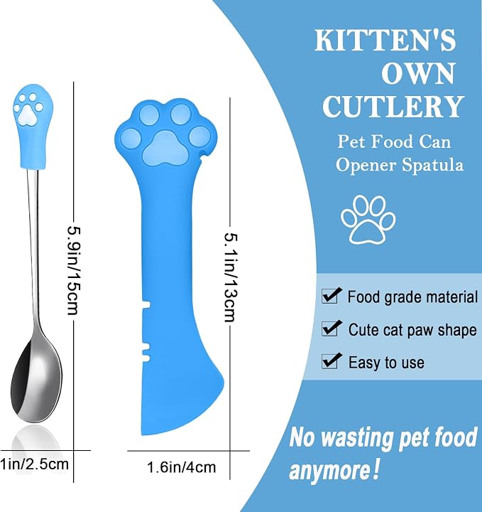SJANE Cat Food Can Spoons & Can Lids | 4 Pcs | Colorful Multi-Function Opener | Universal Soft Silicone Pet Food Covers | Stainless Steel Wet Food Spatula for Kittens and Dogs(Blue)