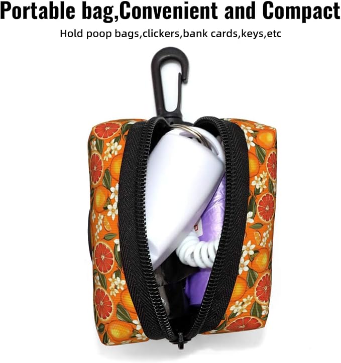 Citrus Orange Slices Flowers Pet Waste Bag Dispenser 0.2L | Portable Dog Poop Holder Waste Bag With Zipper Park Doggy Walking Accessory