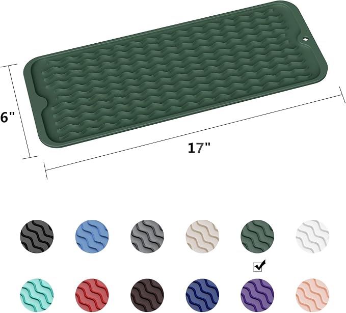 ZLR Small Dish Drying Mat for Kitchen Counter, 6"x17", Dark Green | Narrow Silicone Drainer for Apartment, Dorm & RV, Wavy Ridges Quick-Dry, Non-Slip, Rolls Up, Dishwasher Safe