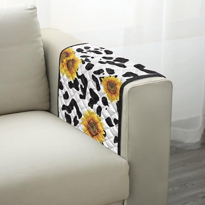 Cow Sunflower Stretch Armrest Covers Couch Arm Cover Non-Slip Arm Rest Covers with Two Pockets Armchair Slipcovers for Recliner Furniture Protector Home Decor