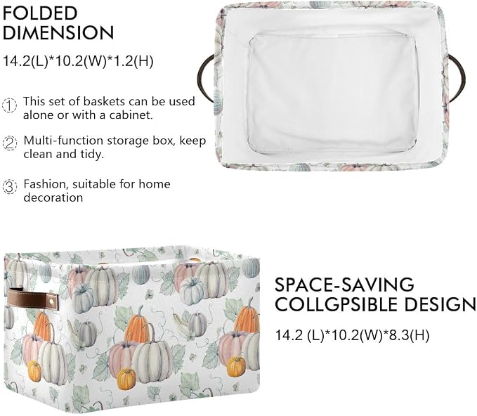 Fall Pumpkin Storage Basket Fabric Kitchen Baskets Autumn Maple Leaves Open Home Storage Bins Boxes Foldable Organizer Bag for Baby Cloth Pet Toy Book Shelf Closet Baskets 2 Pack 16×12×8 Inches
