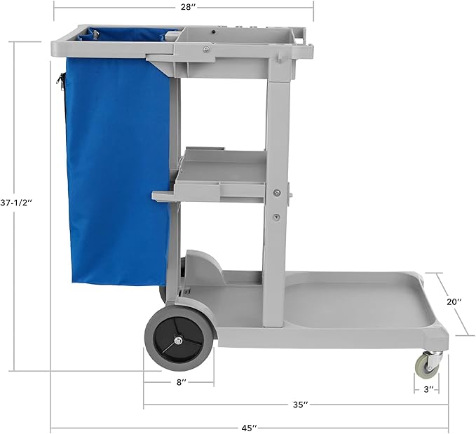 Commercial Janitorial Cleaning Cart on Wheels - Housekeeping Caddy with Shelves and Vinyl Bag