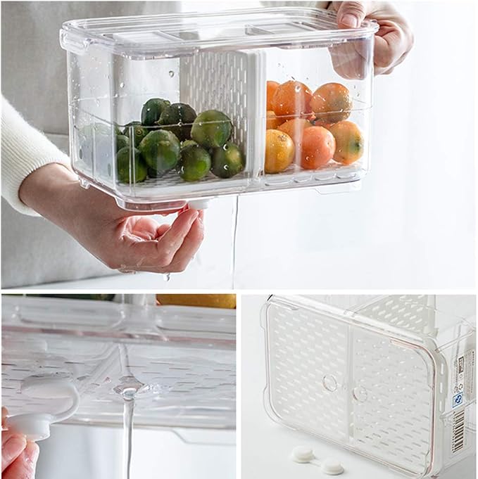 SANNO Fridge Food Storage Container Storage Containers, Produce Saver with Lids and Vents,Vegetable Fruit Storage Containers Stackable Salad Lettuce Keeper for Refrigerator，set of 2