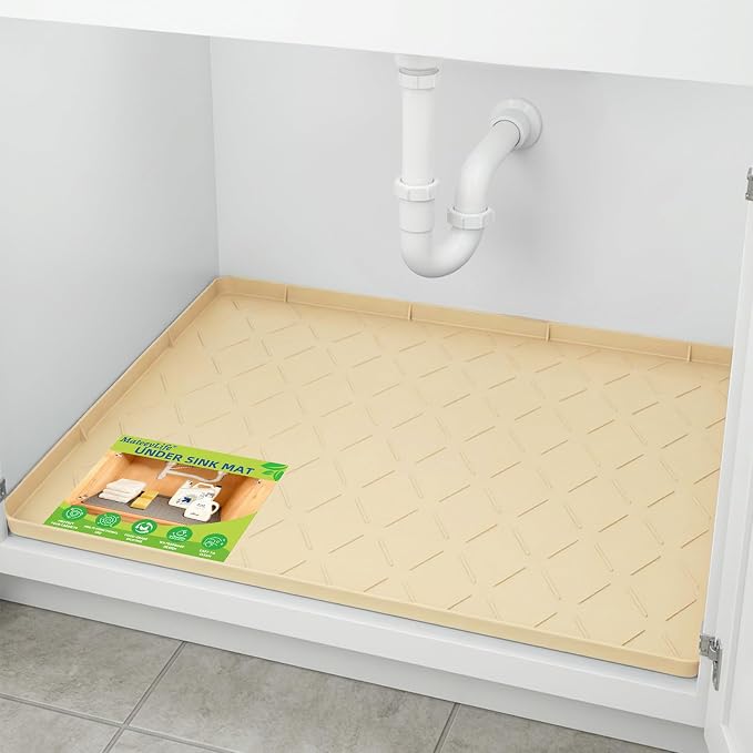 Mateeylife Under Sink Mat Kitchen Waterproof, Silicone Sink Tray 22"X34" | Under Sink Organizer Cabinet Shelf Protective Liner, Multi-use Silicone Mat for Boot Tray & Litter Mat, Khaki