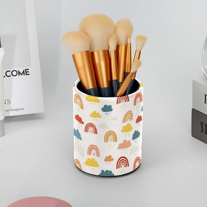 Faux Leather Pen Holder for Desk, Pencil Organizer Rainbows and Clouds Pen Cup Desk Decor Makeup Brush Holder Storage for Office Home