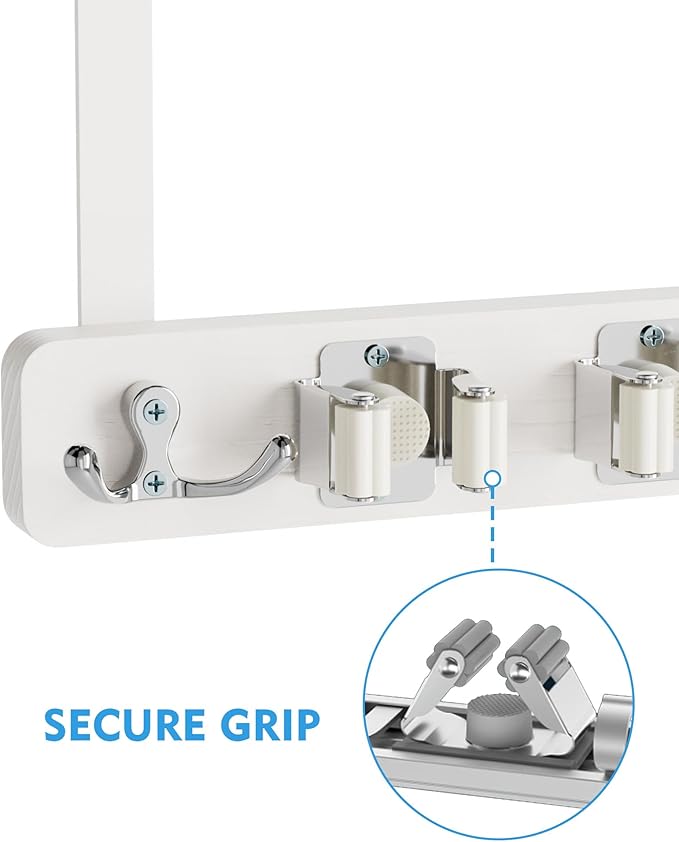 BS-VOG Over the Door Broom and Mop Holder, Broom Hanger, 4 Slots & 4 Hooks | No Drilling Required, Wood and Metal Build, EVA Door Protection Pads, Secure Grip Slots, Closet Garage Laundry Use, White