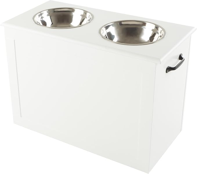 Elevated Dog Bowls with Storage - 16-Inch-Tall Feeding Tray with Hidden Storage Space for Pet Supplies - 50oz Capacity Bowls by PETMAKER (White)