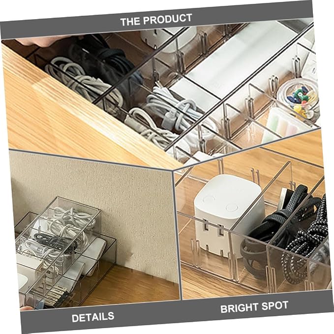 Mikikit 1pc Power Line Storage Case Multi Grid Organizer with Lid Practical Wire Storage for Home Office Durable Pet Material for Cable Management