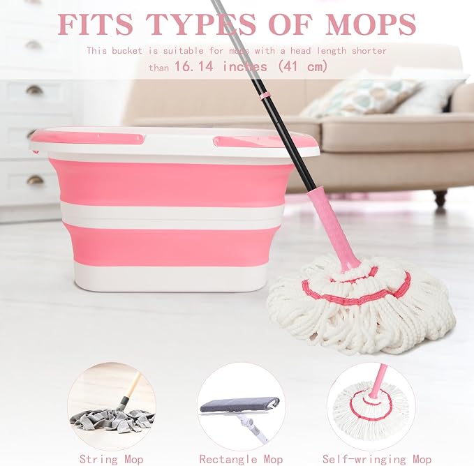 Large Collapsible Bucket for Cleaning, 4.2 Gallon (16L) Silicone Bucket with Handle & Hanging Hole, Foldable Space-Saving Mop Bucket for Home, Storage. Car Wash, Camping, Beach (Pink White)