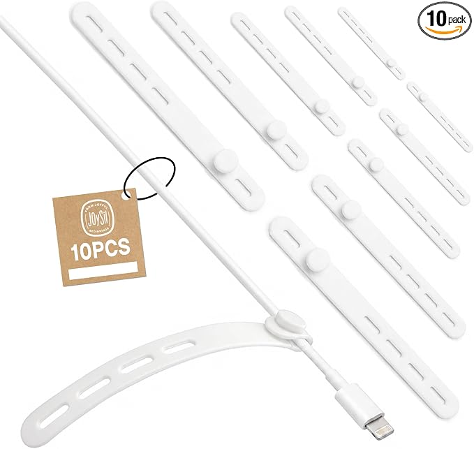 10PCS Silicone Cable Straps Reusable Cord Organizer (White) | Stretchable Soft Silicone Cord Wraps with Adjustable Snaps to Secure Charging Cables, Headphones & Travel Electronics