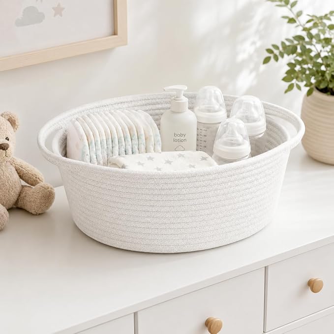 ABenkle Small Basket with Handles, Boho Decorative Rope Woven Dog Cat Toy Storage Bin Shelf Storage Organizer, Easter Christmas Gift Basket, 12"x8"x5", 2 Pack