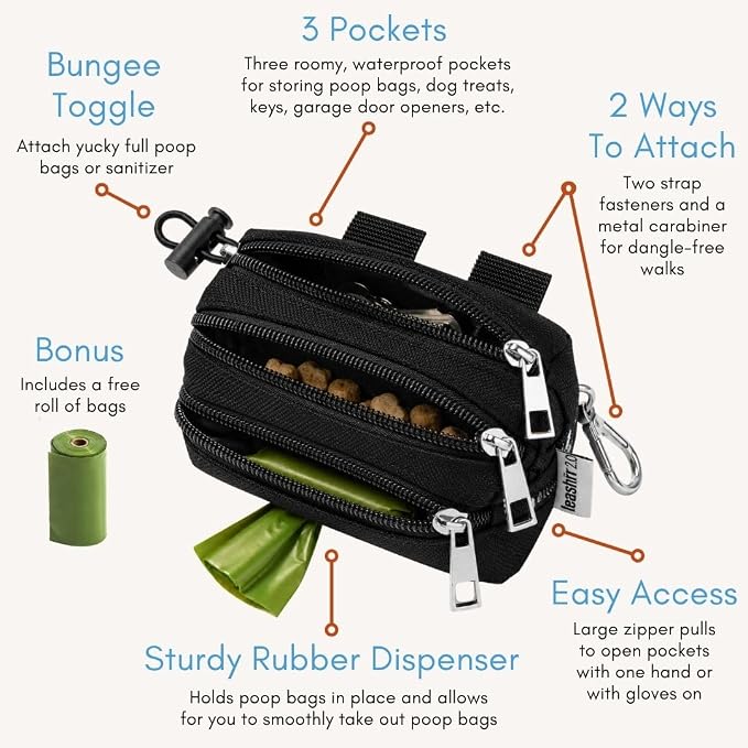Dog Poop Bag Holder for Leashes and Treat Holder with 3 Waterproof Pouches | Poop Bag Dispenser for Pet Waste Bags and Walking Accessories + 1 Free Roll
